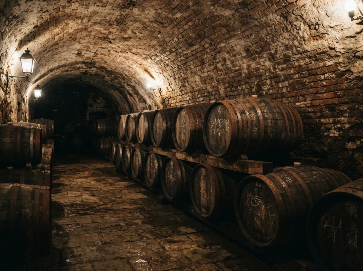 The vaulted cellar with a row of oak barrels