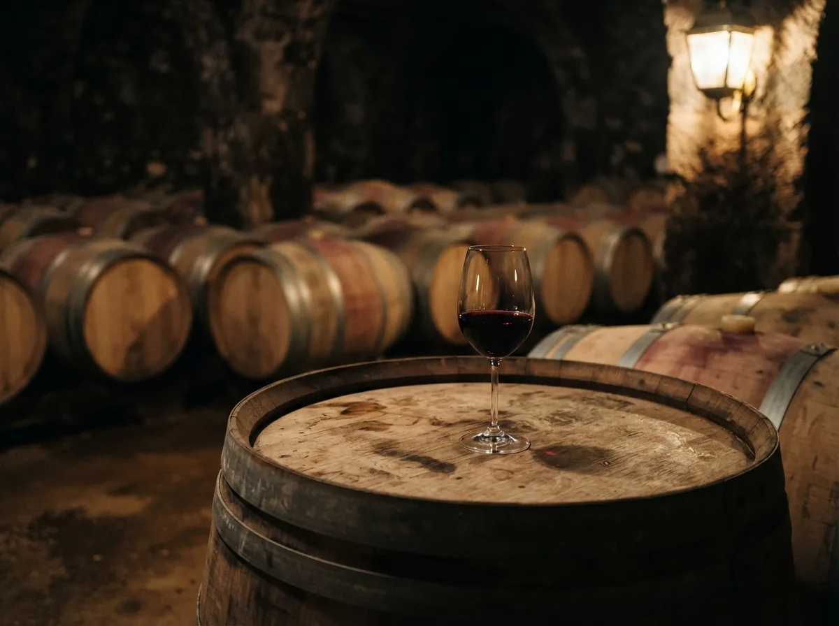 A glass of red wine standing on a barrel in the cellar
