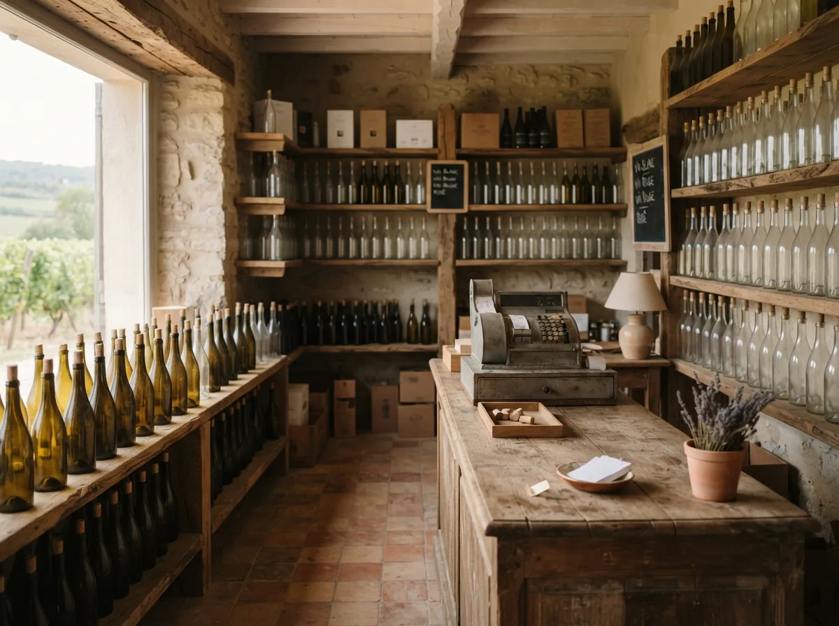 Inside the cellar door shop, shelves of bottles and a wooden counter