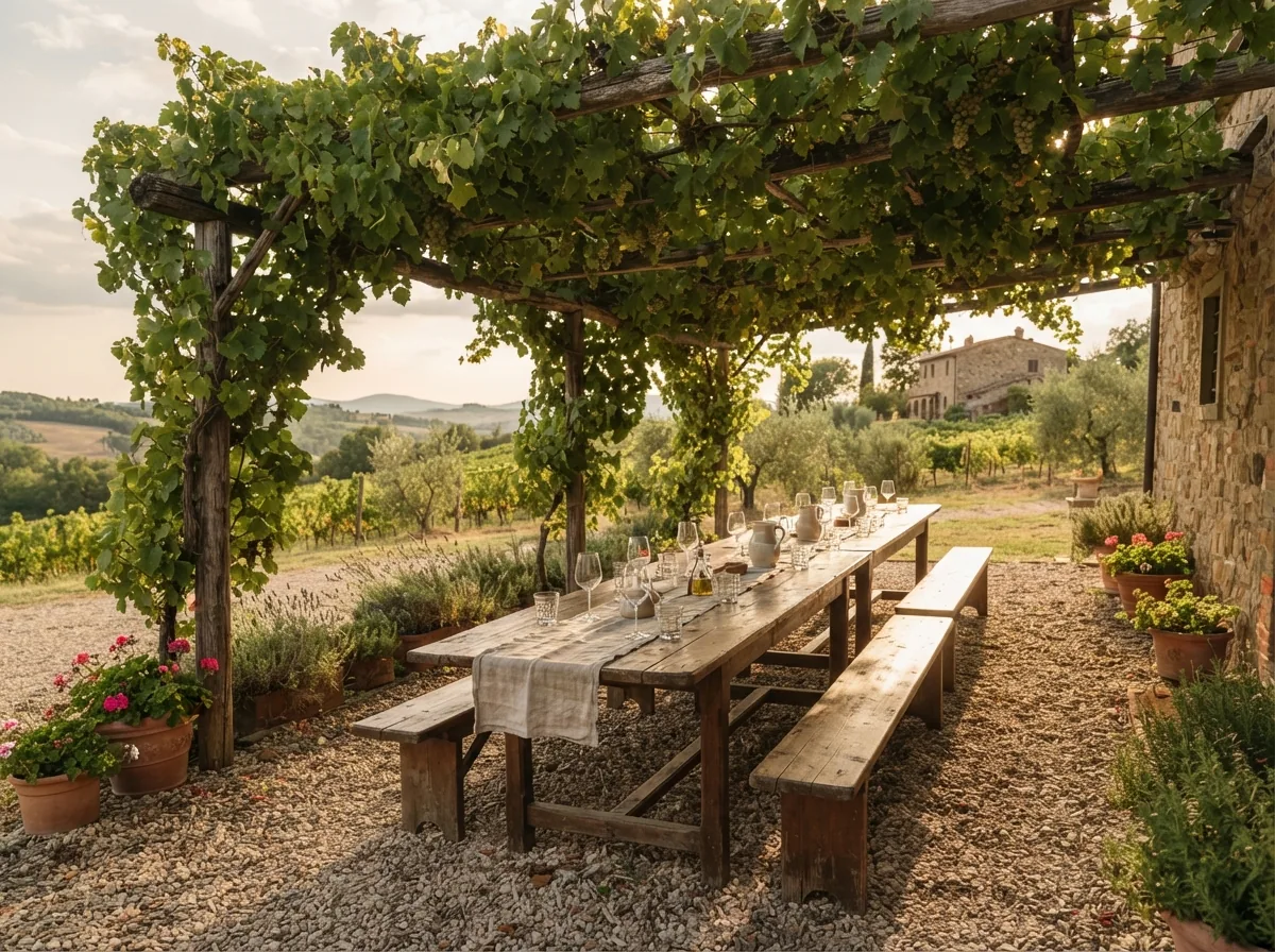A long table under the vine-covered pergola in the yard