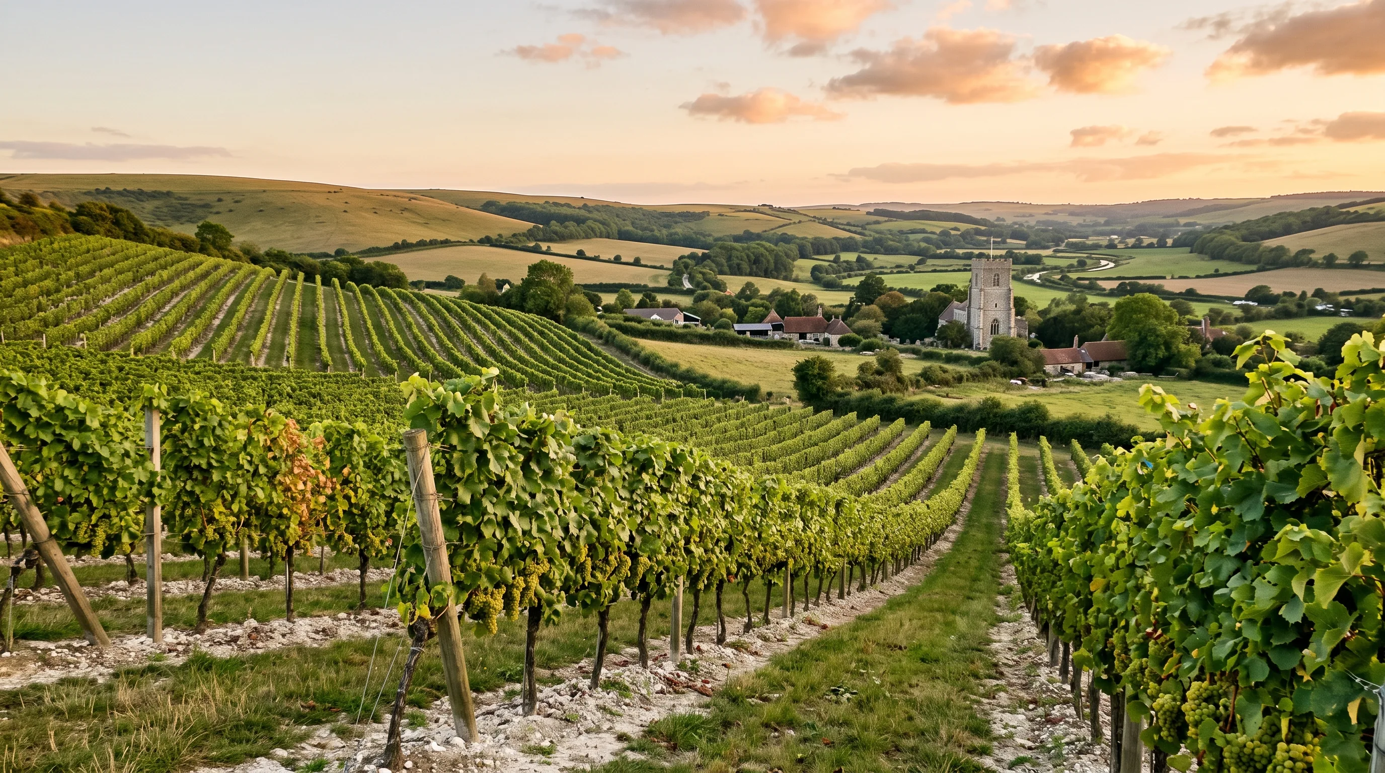 The vineyard on the chalk slope above Lewes in evening light