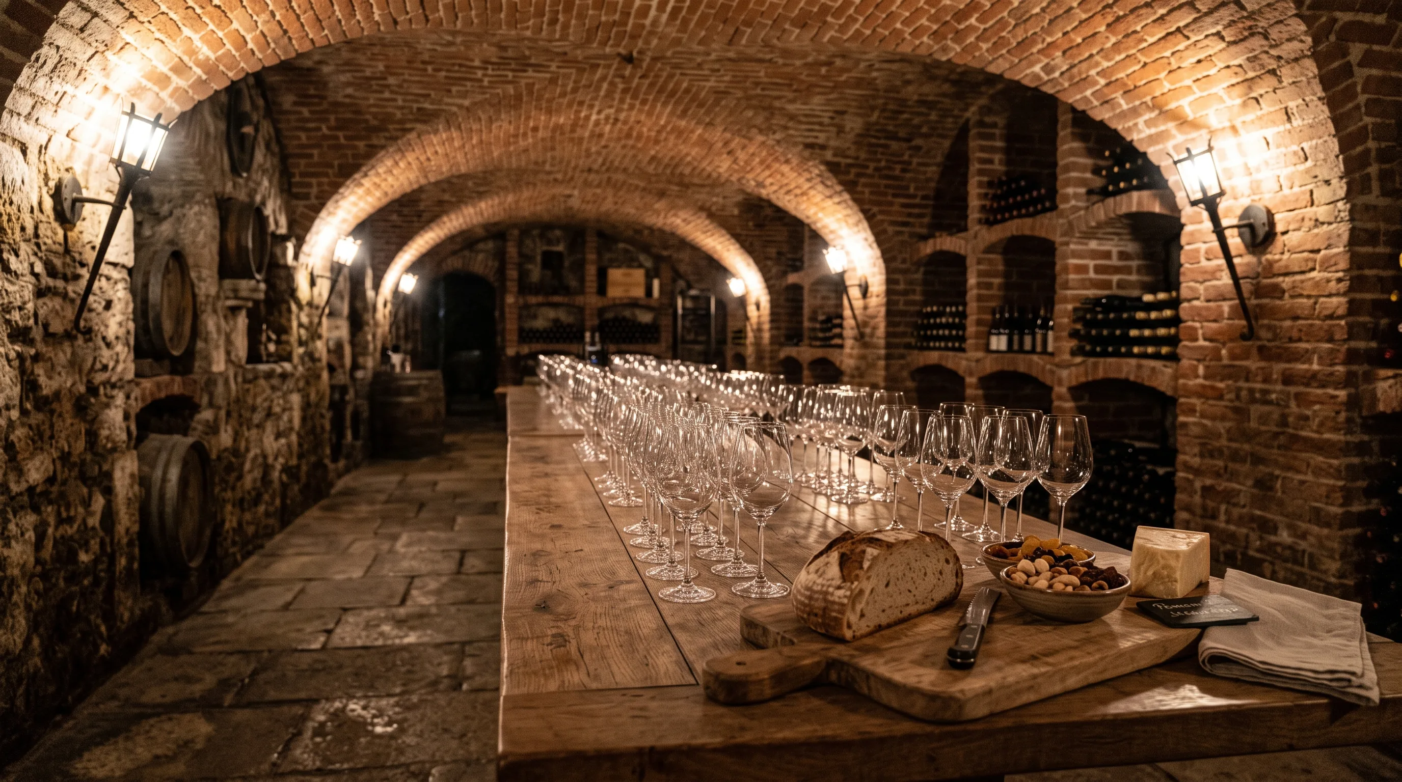 A tasting laid out with glasses in the vaulted chalk cellar