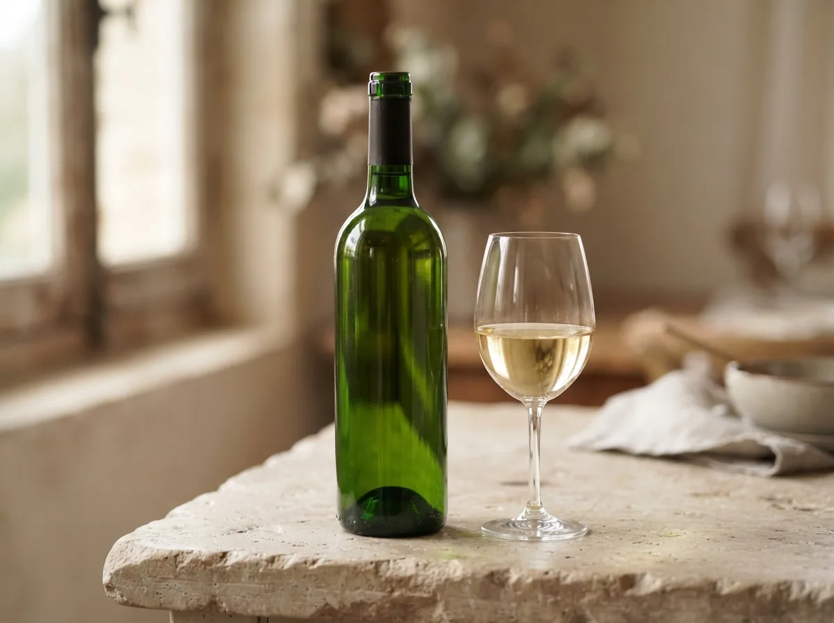 A bottle of the Bacchus with a glass of white wine poured