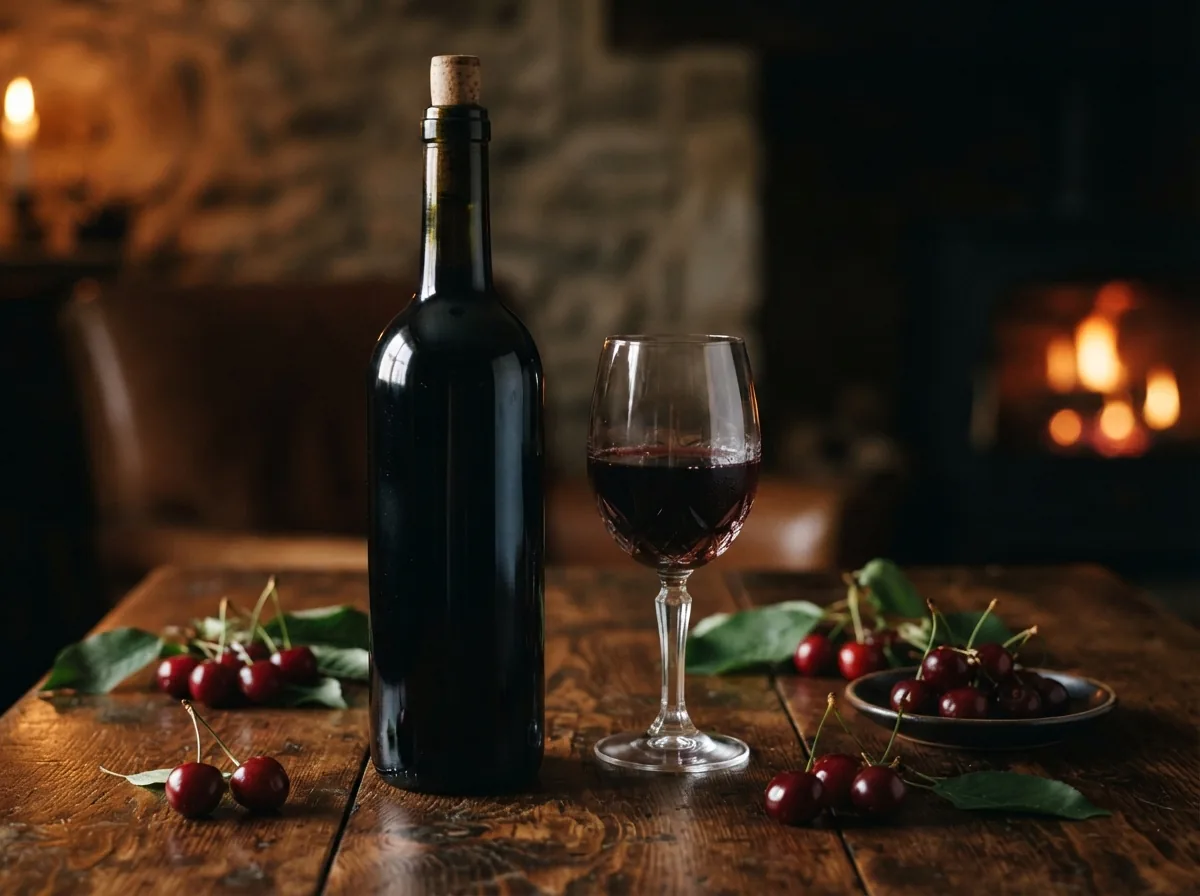 A bottle of the estate red with a glass of red wine on oak