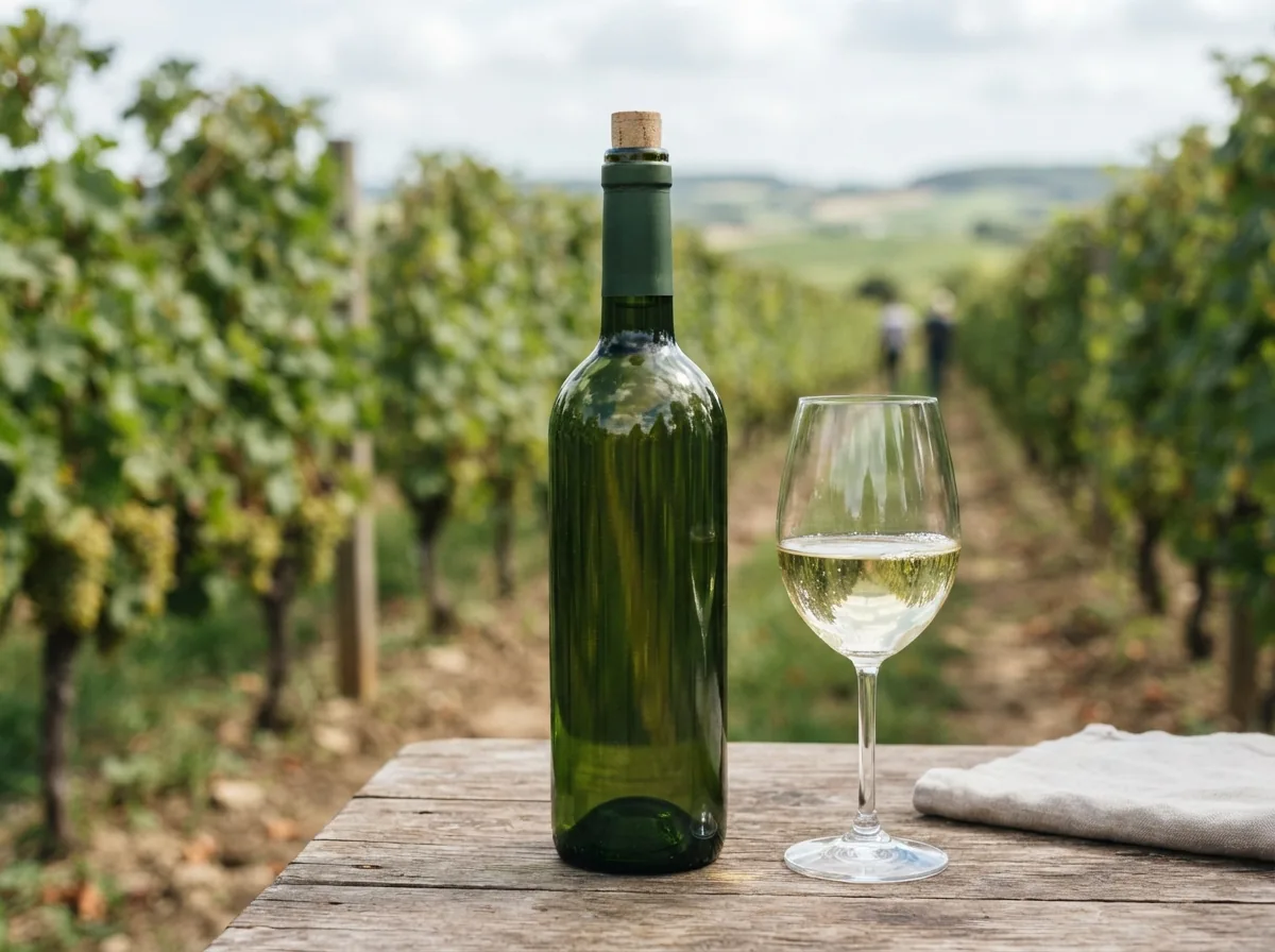 A bottle of the house white with a glass, on a table by the vines