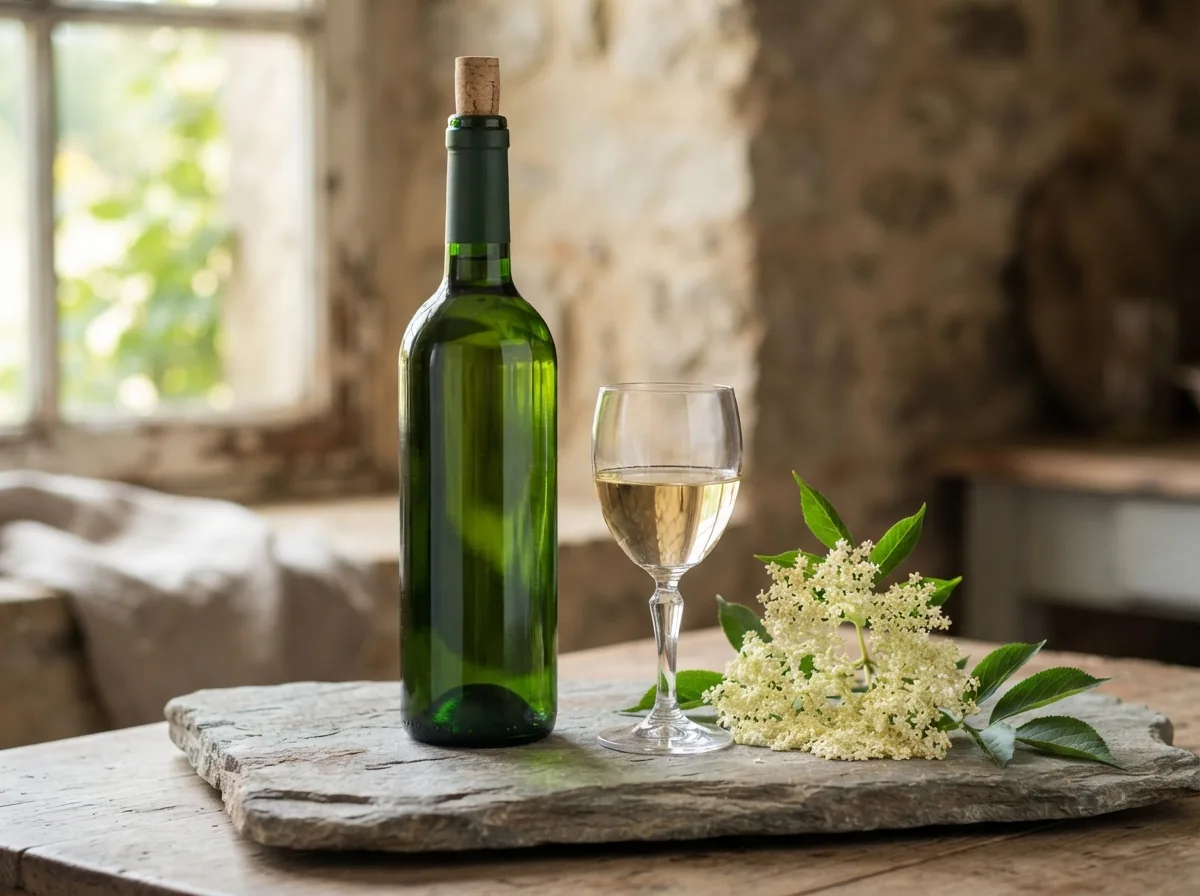 A bottle of the Ortega with a glass of white wine on stone