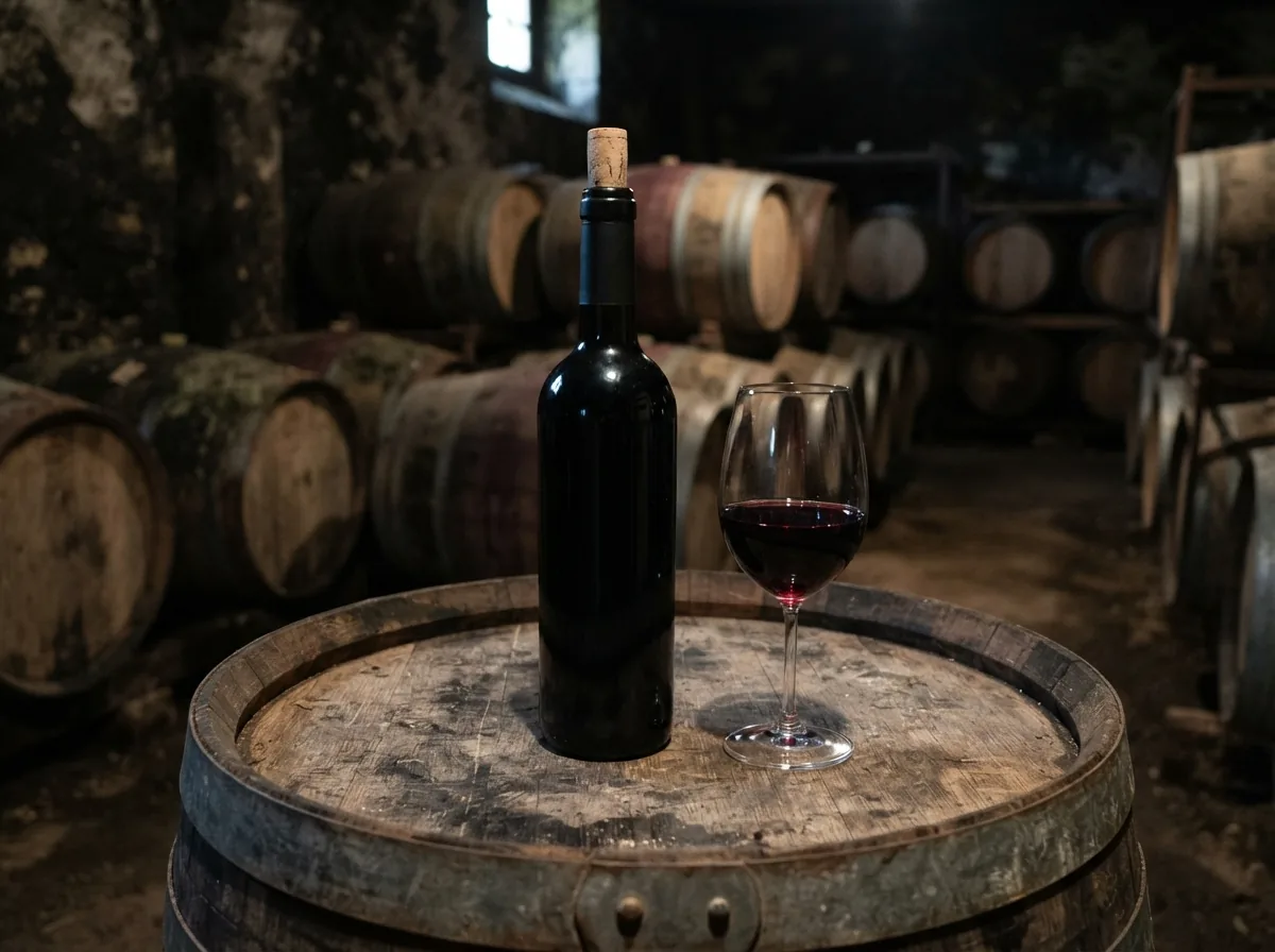 A bottle of the oak aged Pinot Noir on a barrel in the cellar