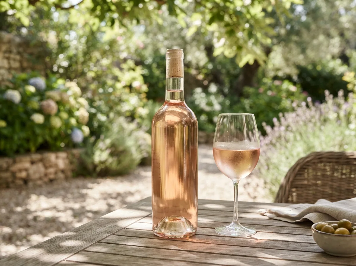 A bottle of the rosé with a glass poured, outside in summer