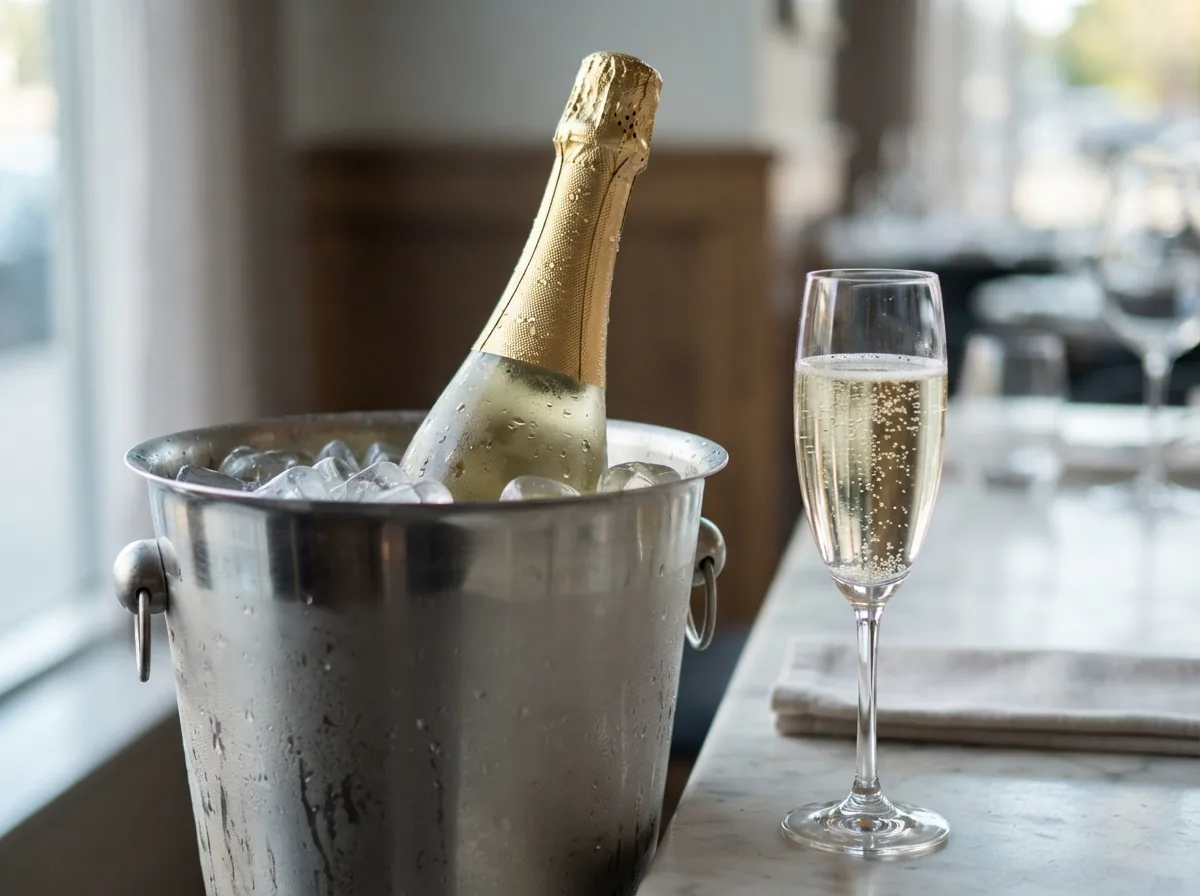 A bottle of the Classic Cuvée in an ice bucket with a filled flute