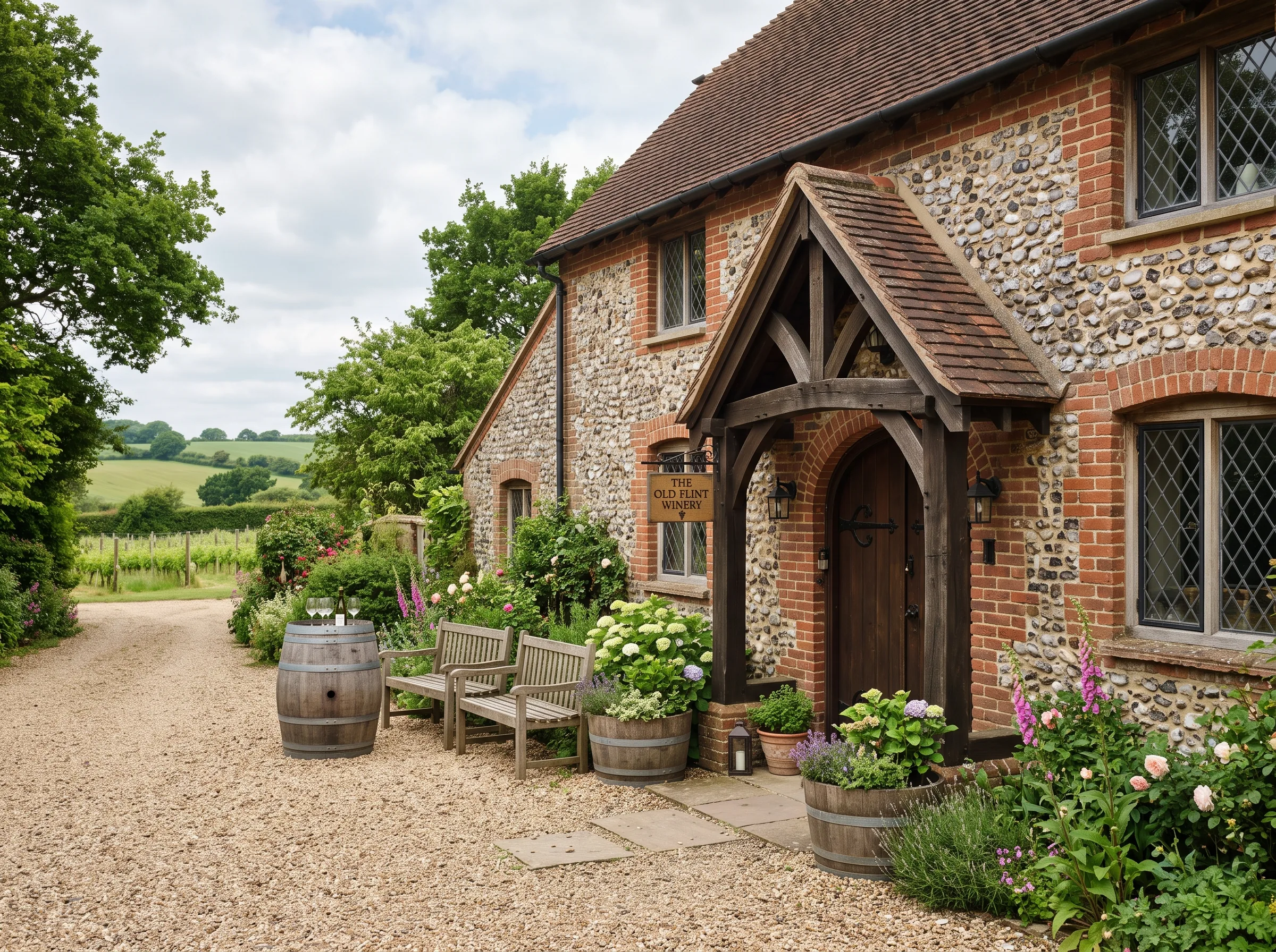 The flint and brick winery building with the cellar entrance and seating outside