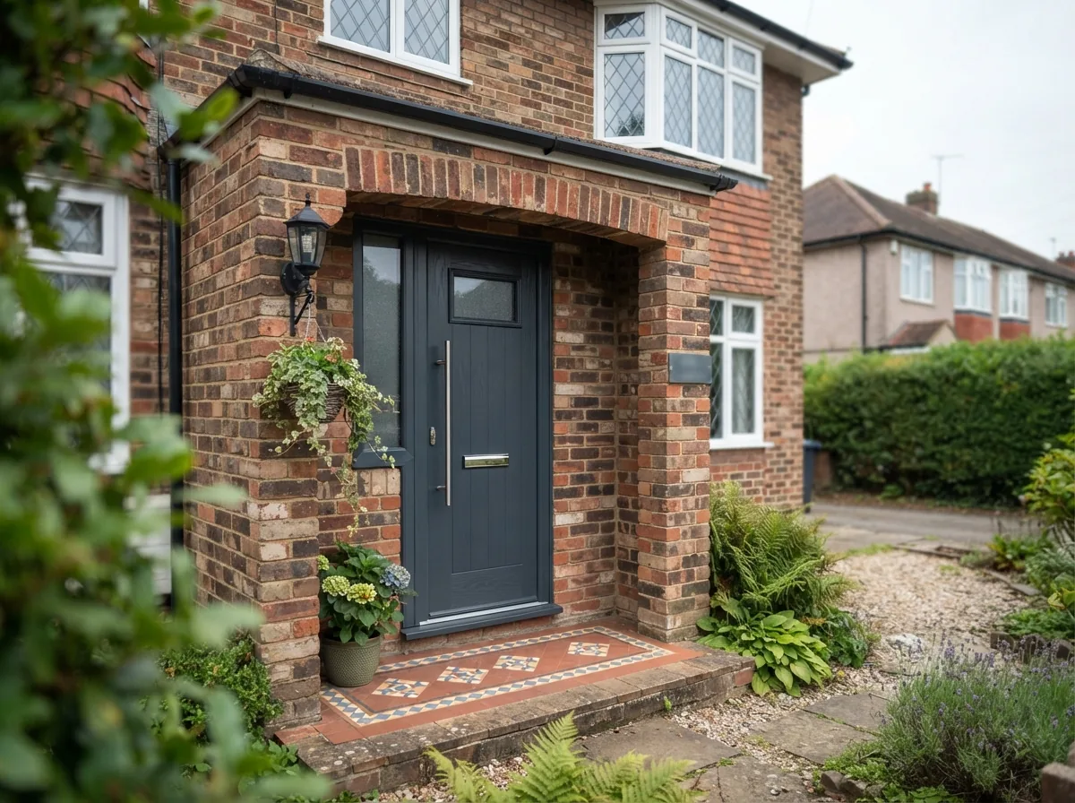 An anthracite front door with a stainless bar handle
