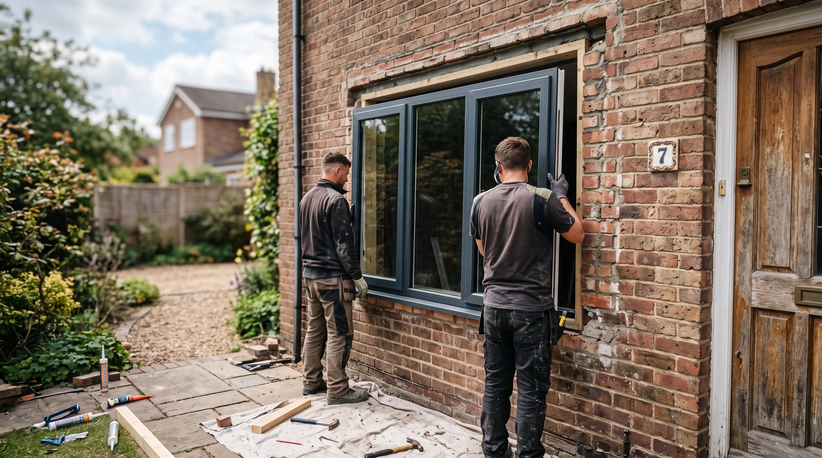 Fitters setting an anthracite window into a prepared opening