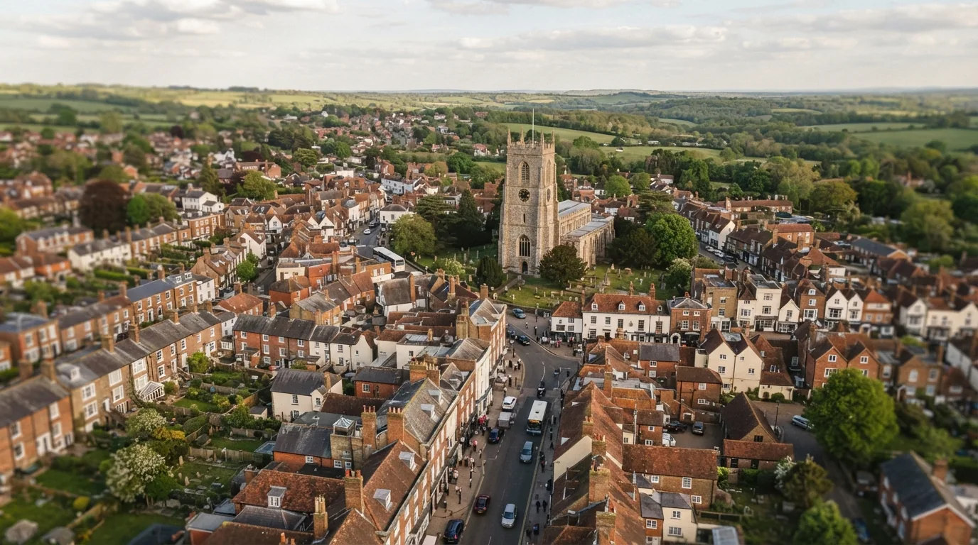 A Kent market town from the air, with the high street and houses